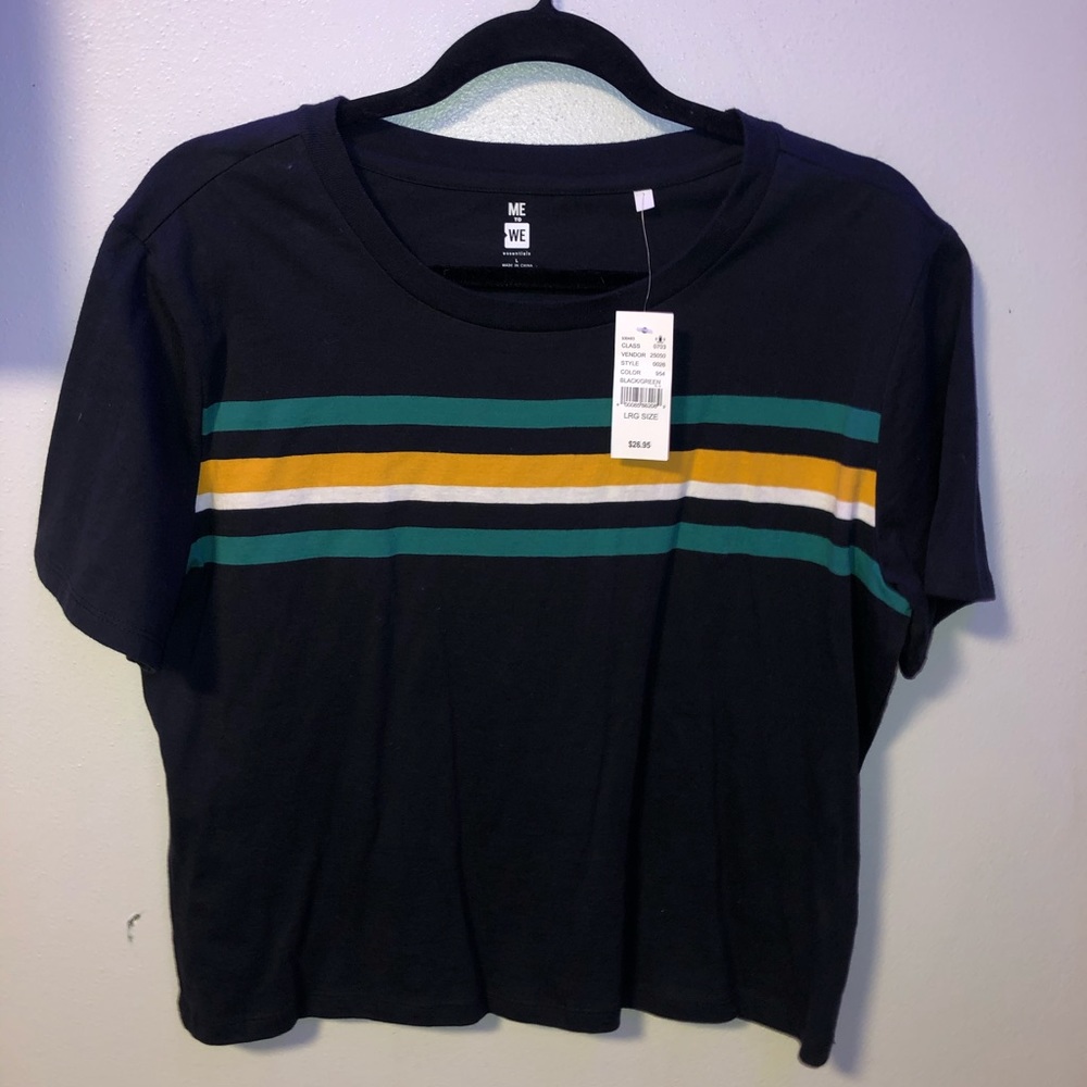 Navy T-Shirt with Green and Yellow Stripes
